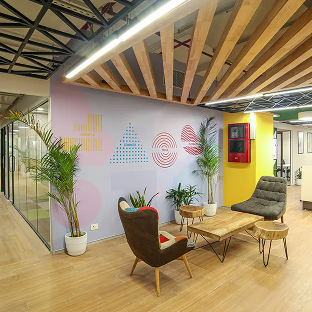 Professional meeting room with modern furniture and lighting.