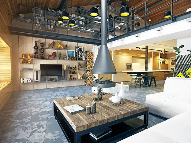 Meeting space with curated furnishings and lighting.