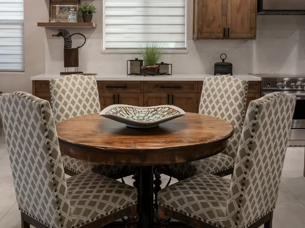 Overall view of the cozy living space and kitchen area