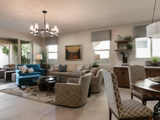 Cozy living space with warm lighting and comfortable furnishings