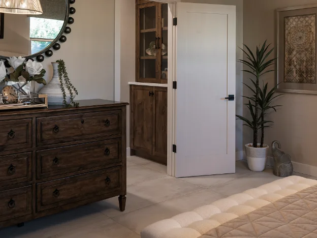 Close-up of seating arrangement and side table styling