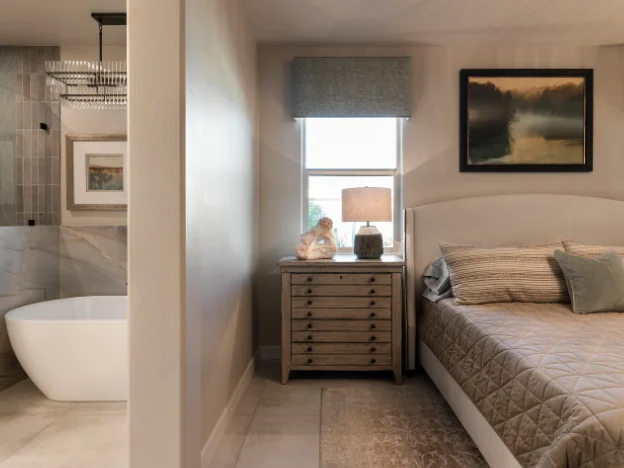 Overall view of the modern bedroom showcasing furniture and decor