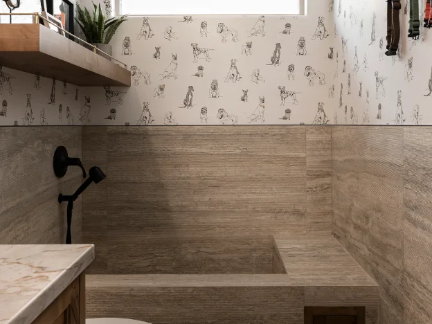 Close-up of pet washing station fixtures and materials